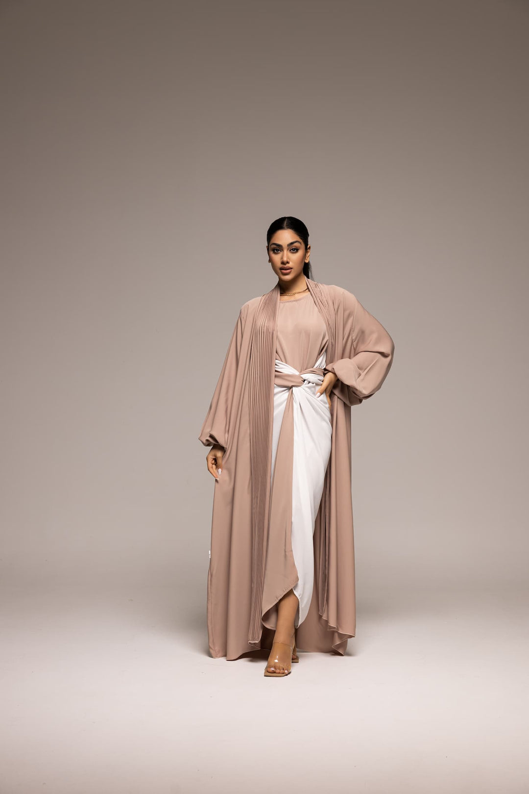 Blush Harmony: Pleated Drape Abaya with Belted Waist