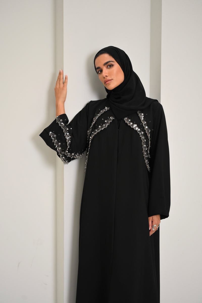 Noir - Black Embellished Abaya with Silver Sequin Detailing