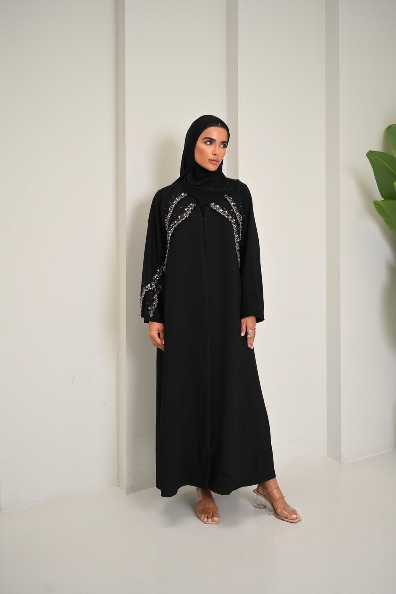 Noir - Black Embellished Abaya with Silver Sequin Detailing