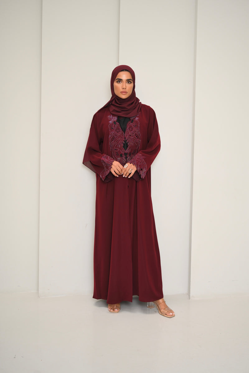 Inaya - Burgundy Embroidered Abaya for Women – Elegant Open-Front Modest Dress with Matching Hijab