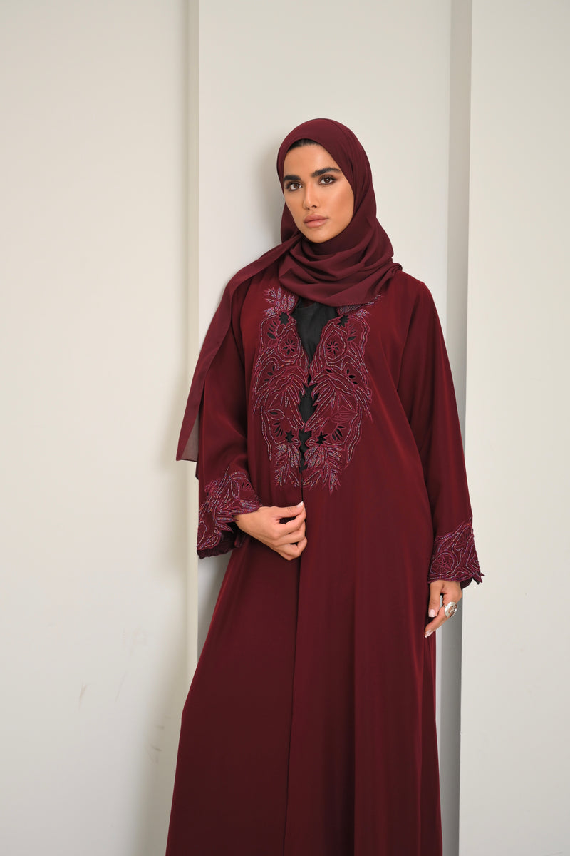 Inaya - Burgundy Embroidered Abaya for Women – Elegant Open-Front Modest Dress with Matching Hijab