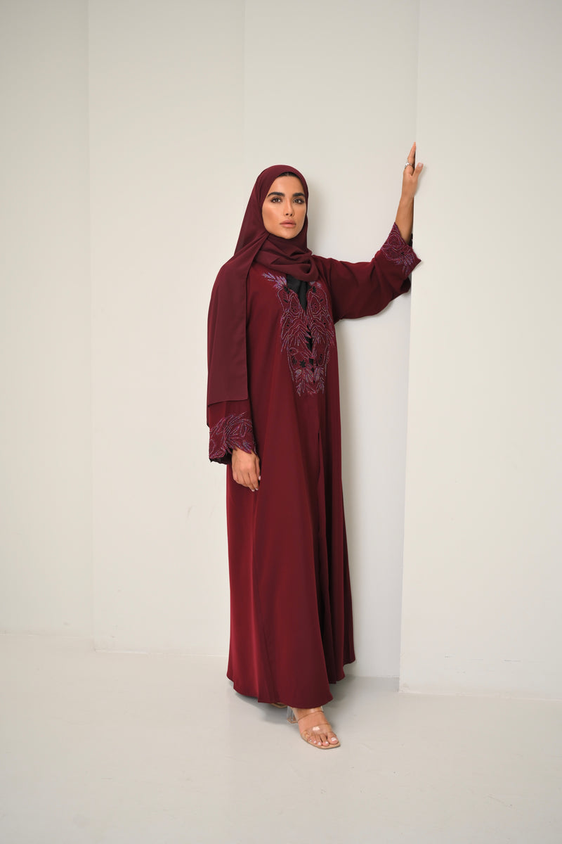 Inaya - Burgundy Embroidered Abaya for Women – Elegant Open-Front Modest Dress with Matching Hijab
