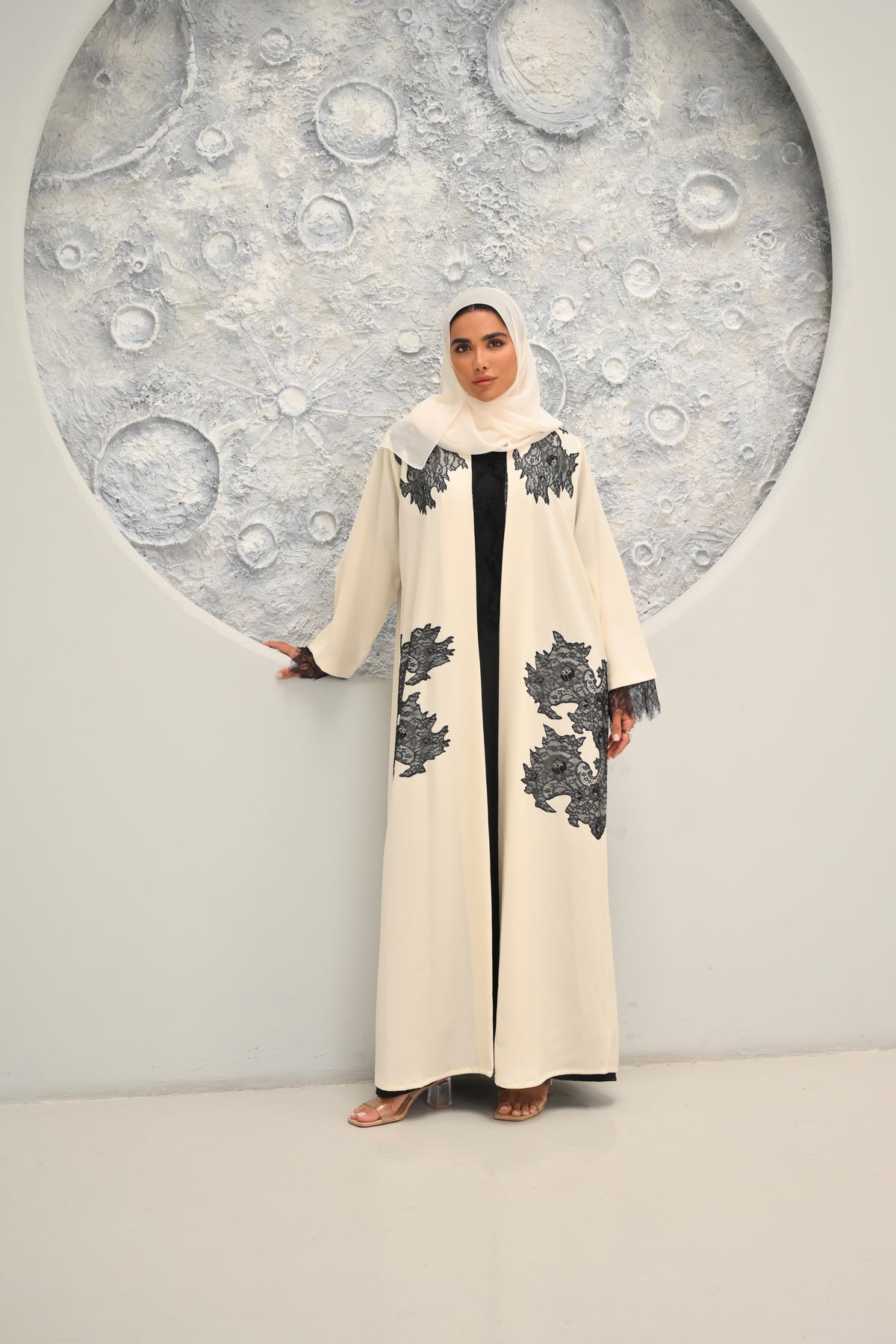 Amara -  Luxury Cream & Black Embroidered Abaya
