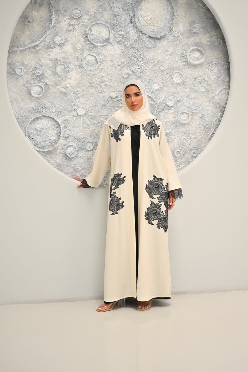 Amara -  Luxury Cream & Black Embroidered Abaya