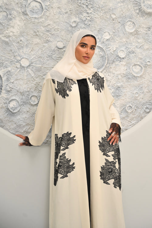 Amara -  Luxury Cream & Black Embroidered Abaya