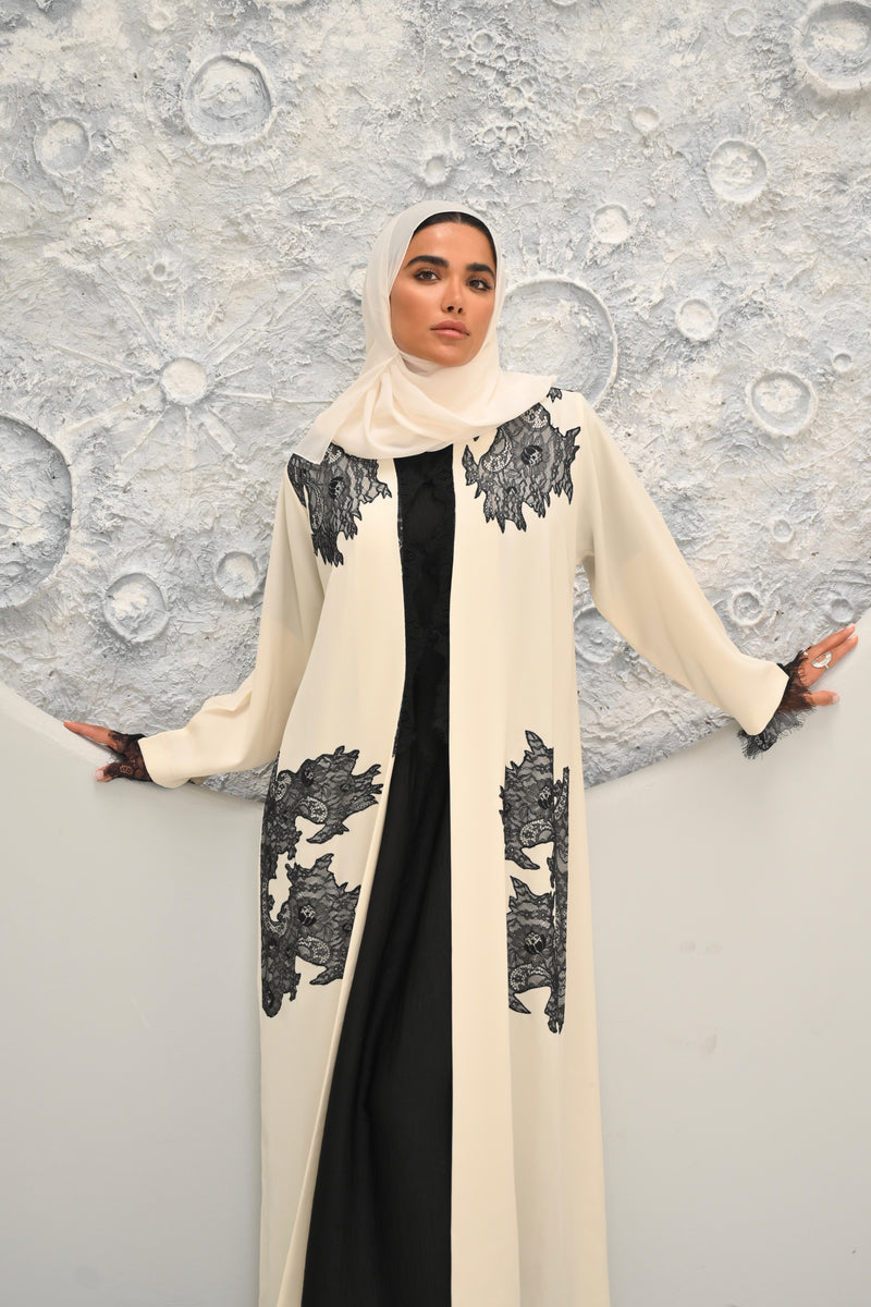 Amara -  Luxury Cream & Black Embroidered Abaya