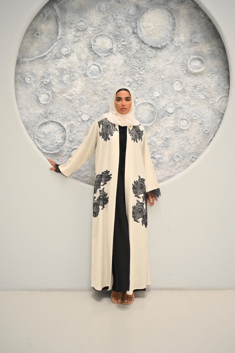 Amara -  Luxury Cream & Black Embroidered Abaya