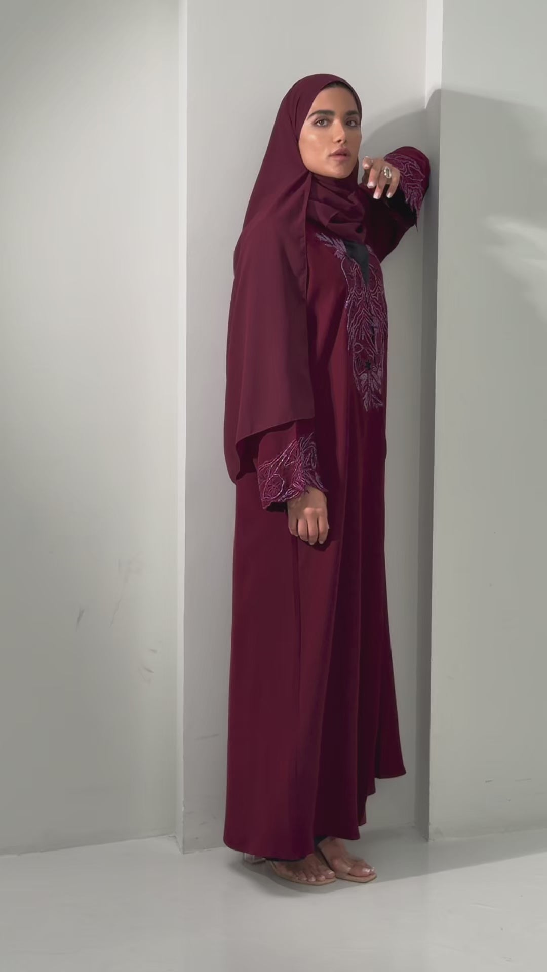Inaya - Burgundy Embroidered Abaya for Women – Elegant Open-Front Modest Dress with Matching Hijab
