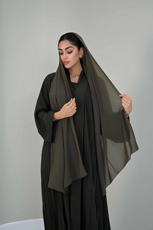 Olive Grace: Pleated Abaya Elegance