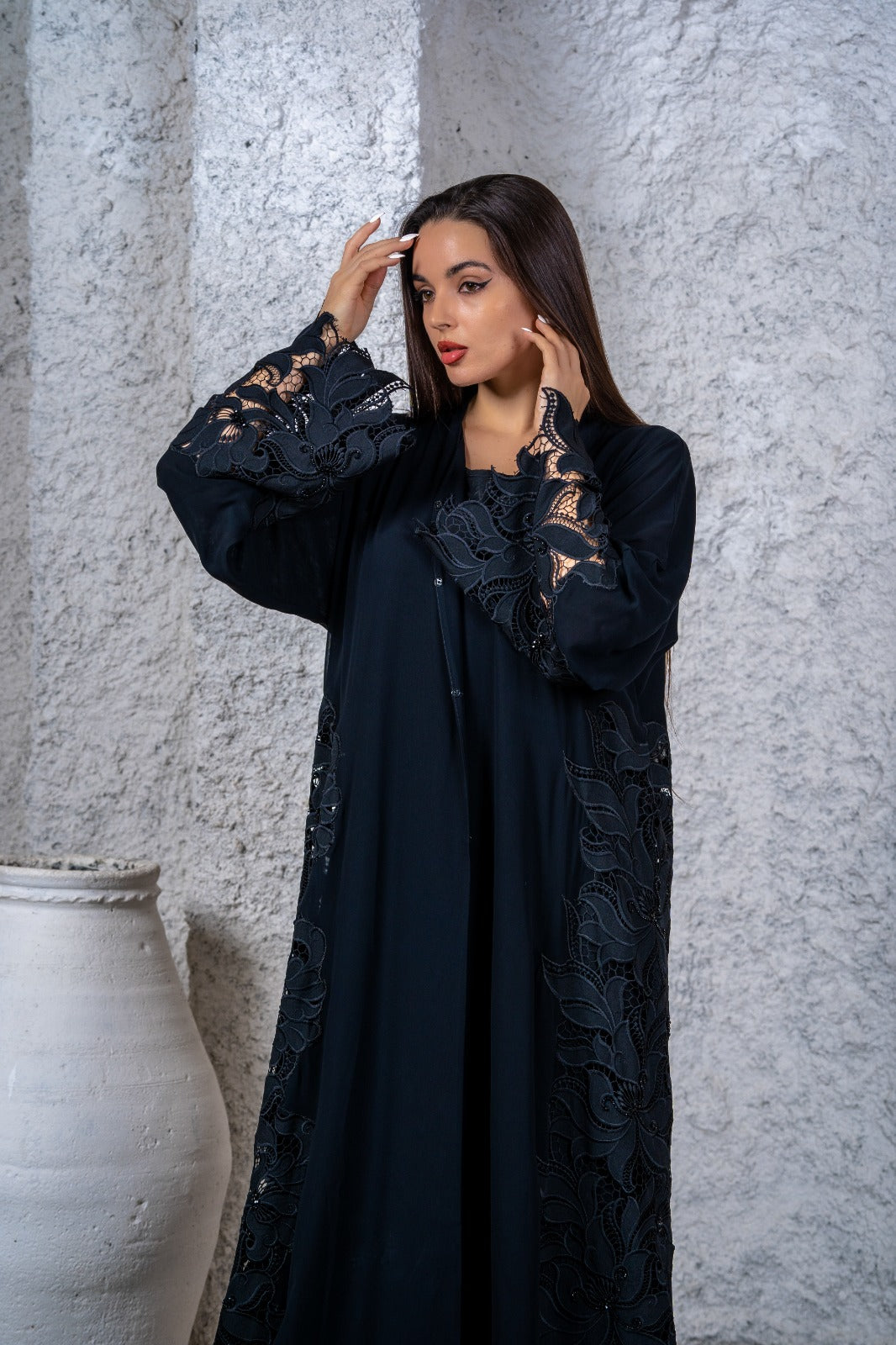 Sophisticated Two Piece Black Chiffon Laced Abaya